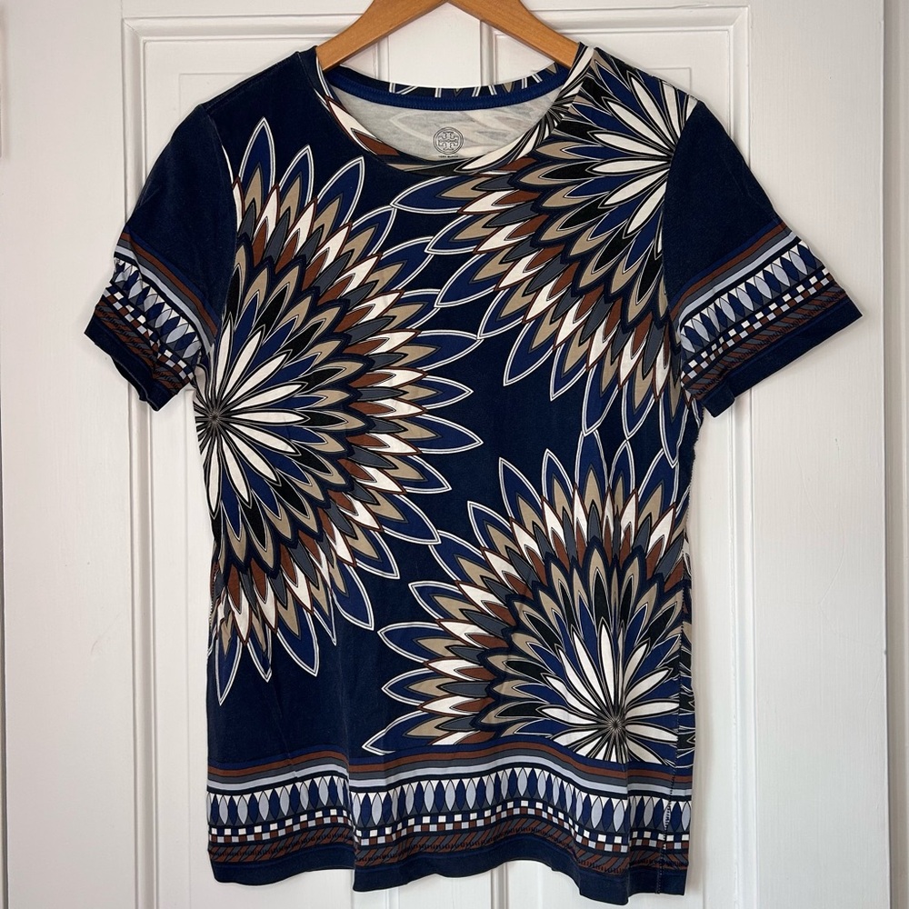 Tory Burch Navy Blue Libby Deco-Fan Geometric Floral Cotton Ryder Tee Size M